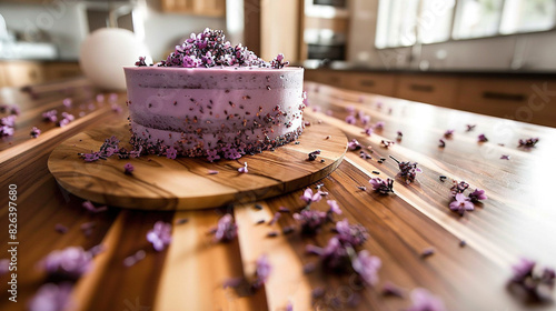   A zoomed-in shot of a scrumptious cake placed on a rustic wooden table, surrounded by vibrant purple blooms, while a glass of creamy milk sits seren photo