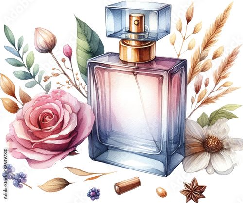 watecolor illustration of perfume bottle with flowers