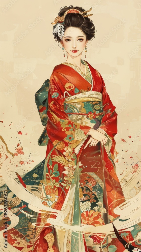An illustration of a beautiful woman in a red kimono with white and pink plum blossoms and white cranes in the background An illustration of a beautiful woman in a red kimono with white and pink plum blossoms and white cranes in the background