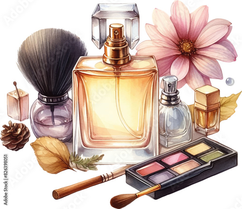watecolor illustration of perfume bottle with flowers