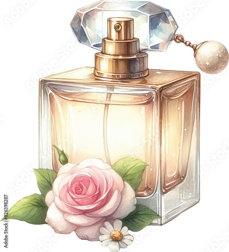 watecolor illustration of perfume bottle with flowers