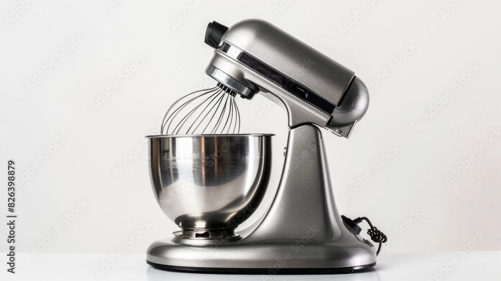 A silver food mixer sits on a white countertop A silver food mixer sits on a white countertop