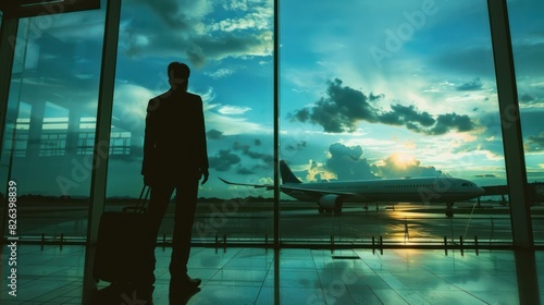 Silhouette businessman standing in the airport terminal looking a plane from window. Generated AI