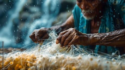 forager weaving a fishing net from plant fibers photographed using macro lens to showcase the intricate craftsmanship photo