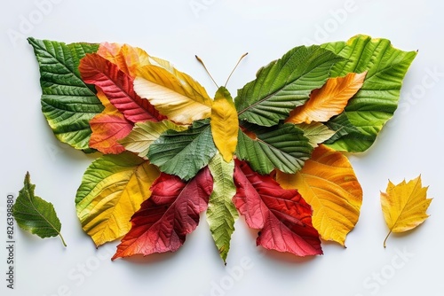 Colorful butterfly made from assorted autumn leaves on white background, showcasing nature's creativity and seasonal beauty.