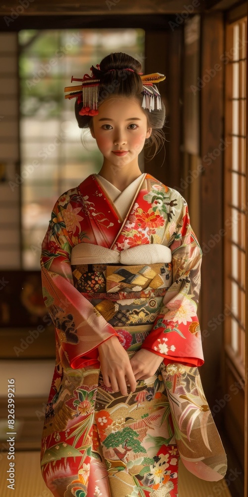 Naklejka premium Portrait of a young Japanese girl in traditional kimono