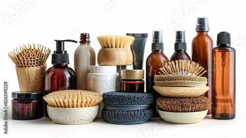 Assorted hair care products including shampoo and conditioner isolated on white background