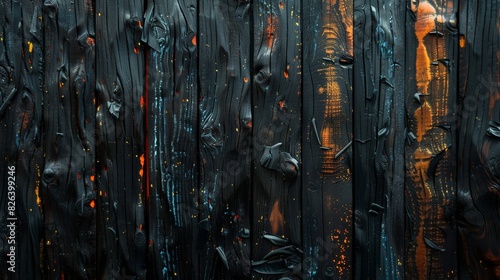 Abstract black painted wooden texture with color splashes