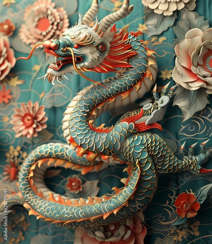 Chinese Dragon with Flowers and Clouds © duyina1990