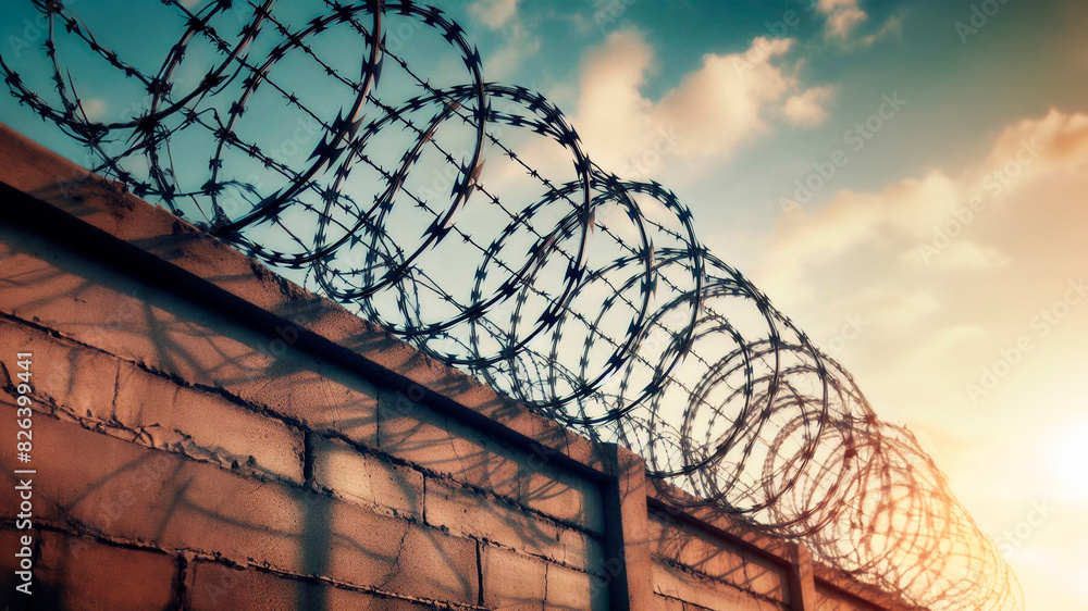 Barbed wire stretches along a concrete fence wall to increase security, against the sky