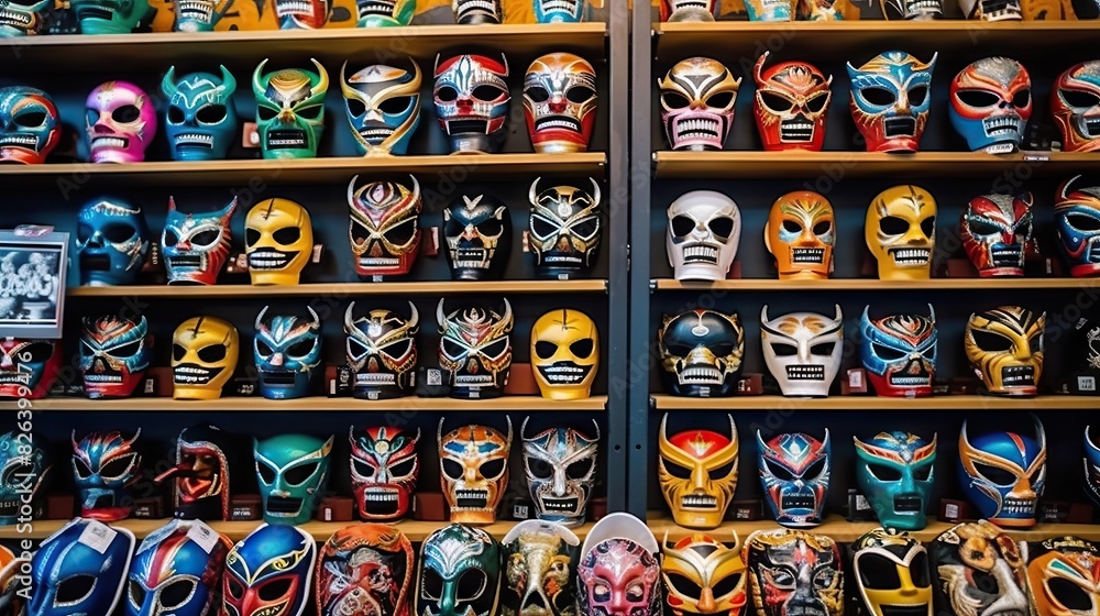 Wall display of vibrant wrestling masks, showcasing Lucha Libre mask culture and variety Wall display of vibrant wrestling masks, showcasing Lucha Libre mask culture and variety