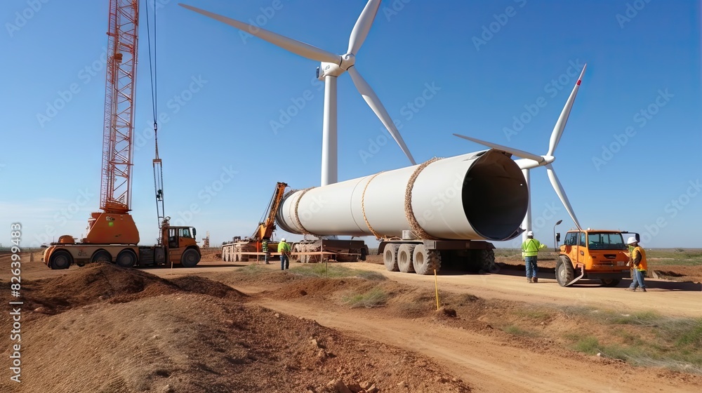 Workers and heavy machinery are seen transporting large wind turbine components for assembly, showcasing renewable energy development Workers and heavy machinery are seen transporting large wind turbine components for assembly, showcasing renewable energy development