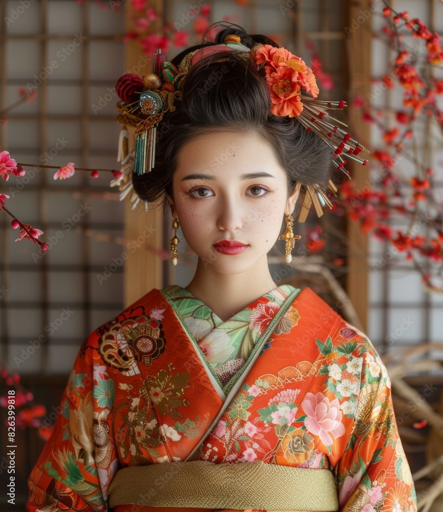 Portrait of a young Japanese woman in traditional kimono Portrait of a young Japanese woman in traditional kimono