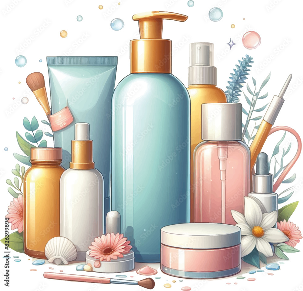 watercolor illustration of cosmetic bottles watercolor illustration of cosmetic bottles
