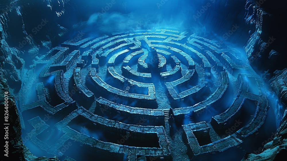 An aerial view of a stone labyrinth with blue light shining down. An aerial view of a stone labyrinth with blue light shining down.