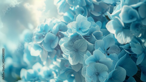 Tranquil image displaying delicate hydrangea flowers in soft blue hues with a dreamy backdrop photo