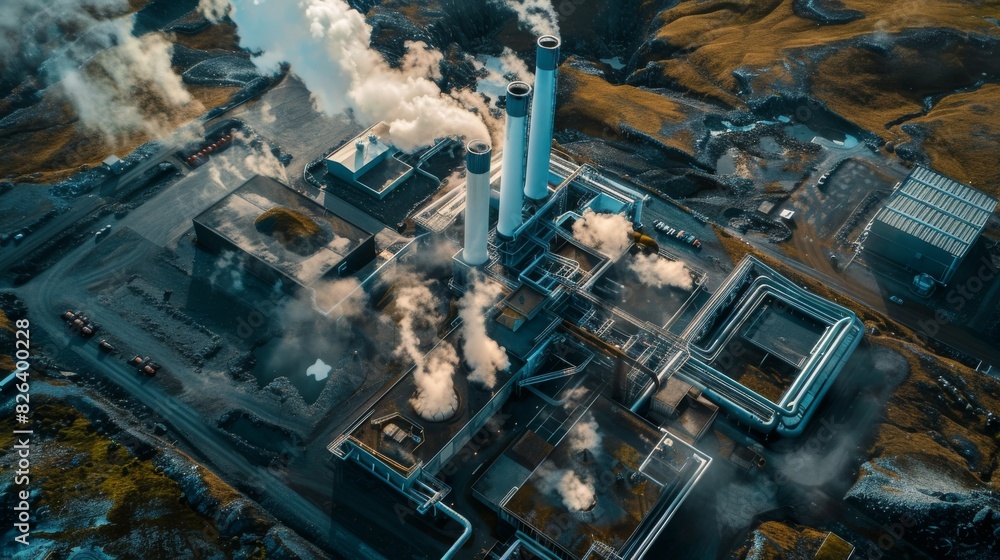 An aerial view of a geothermal power station demonstrating the integration of green technology within a natural setting.