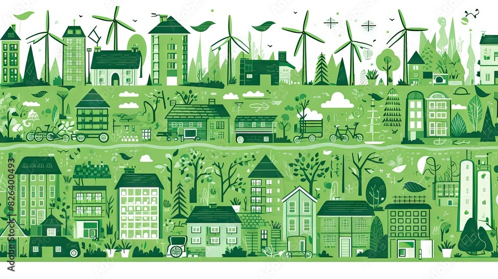 Fototapeta premium Colorful, flat-design illustration showcasing a sustainable, eco-friendly urban landscape with renewable energy