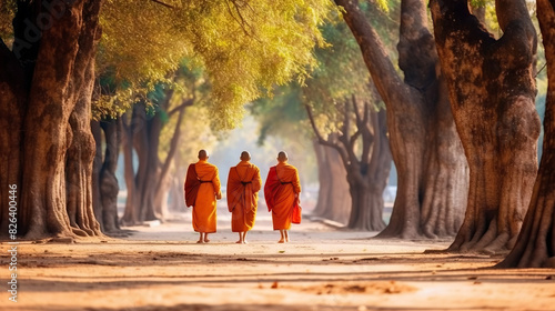 Three monks in orange robes walking under autumn-colored trees in a peaceful alley photo