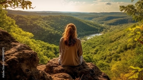 A woman sits on a cliff edge enjoying a scenic view over a lush valley and winding river, capturing the essence of tranquility and adventure