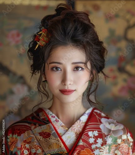 Portrait of a beautiful Japanese woman in traditional kimono