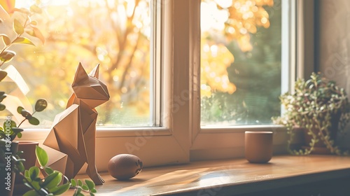 Cute origami cat sitting on a windowsill with a cozy home interior behind it creating a warm and homely feel. photo