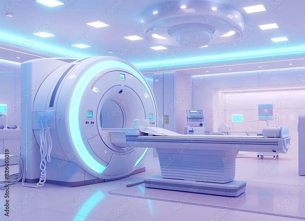 photorealistic photo of an MRI machine in the middle of a medical room, with a white and blue color theme, soft lighting, and high resolution photography photorealistic photo of an MRI machine in the middle of a medical room, with a white and blue color theme, soft lighting, and high resolution photography