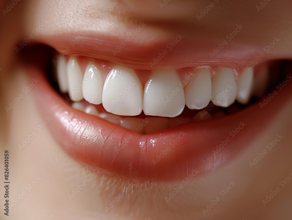 Obraz premium A woman's mouth is open, showing her teeth. The teeth are white and clean, and the woman has a smile on her face