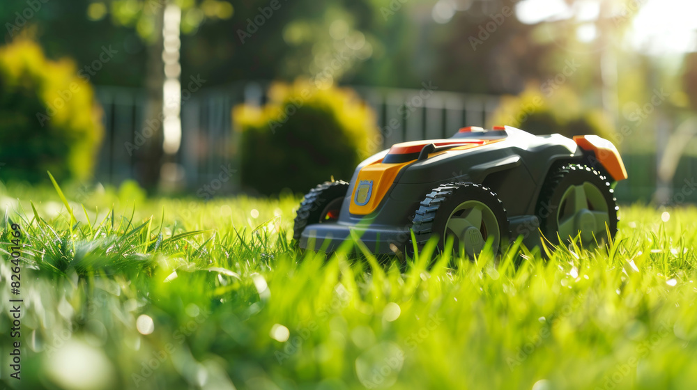 A small robot is sitting on the grass A small robot is sitting on the grass