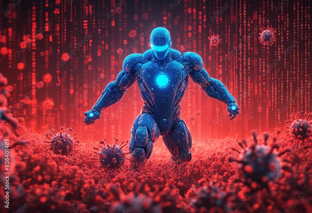 Fototapeta premium Futuristic Cybersecurity Concept: Robotic Warrior Battling Computer Viruses in a Digital Red Environment