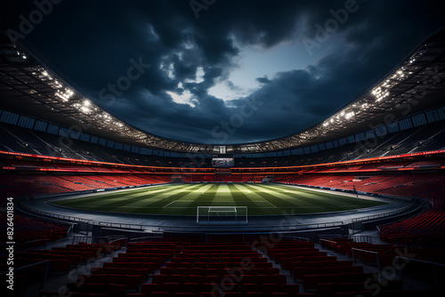 a sports stadium with a dark sky and a dark cloudy sky and red chair