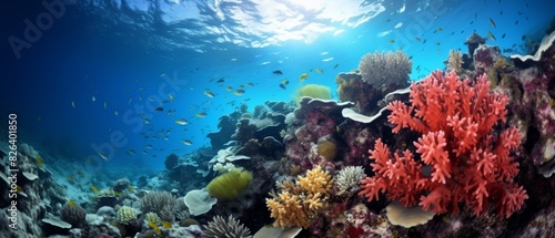 Colorful coral reef underwater. Underwater sports and tropical vacation concept