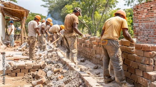 A line of dedicated masons working side by side creating a new brick structure.