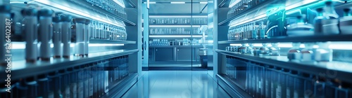 3D rendering of an advanced medical storage room with shelves lined up with bottles and vials containing various italic colors, scientific equipment, lights, and holographic images of science. The sce