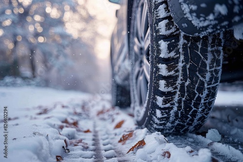 A closeup image of a car's snow-covered tire showcasing the deep tread designed for winter weather, with snowflakes and bokeh in the background