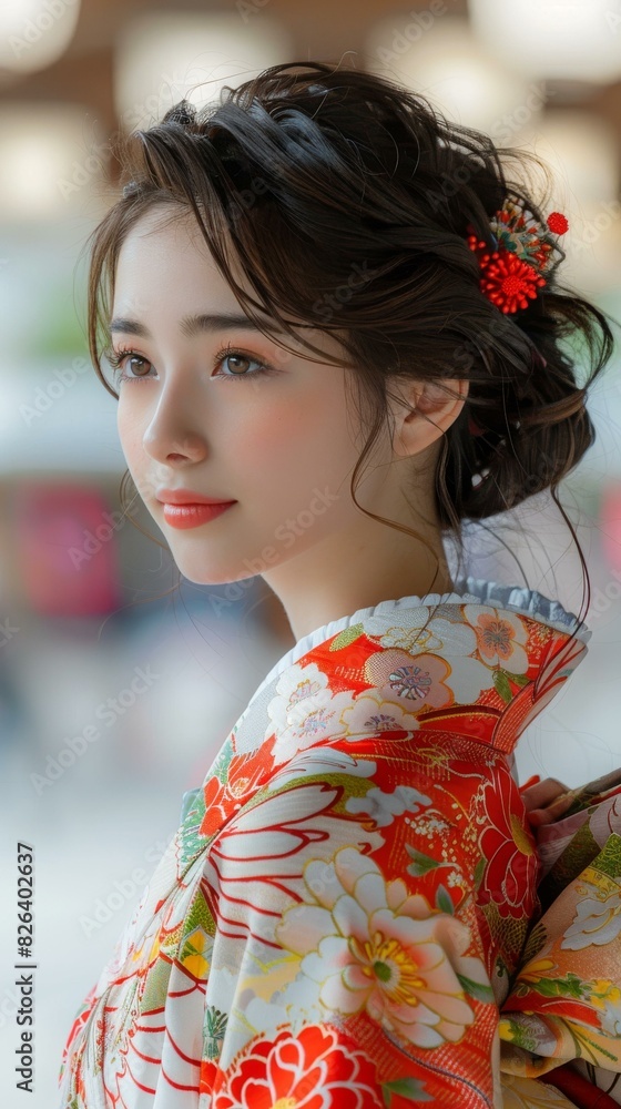 Portrait of a beautiful Japanese woman in traditional kimono