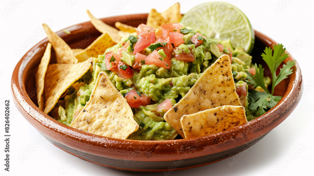 Bowl of fresh guacamole with tortilla chips on a white background Bowl of fresh guacamole with tortilla chips on a white background