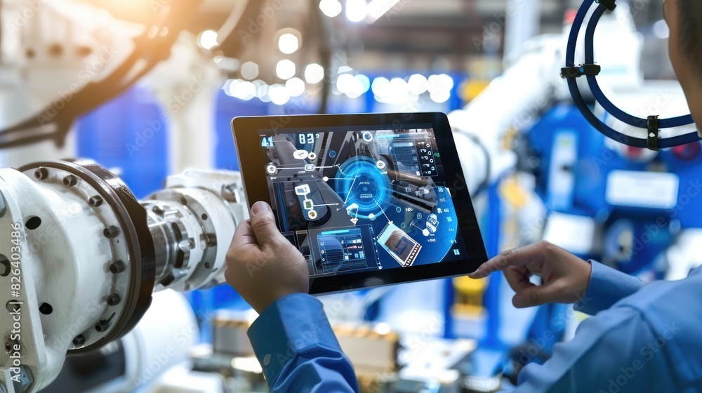 Engineer hand using tablet with automation robot arm machine in car ...