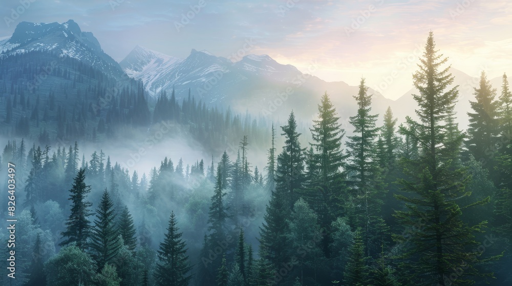 Misty mountain forest with evergreen trees, early morning light casting a serene glow, ideal for peaceful and tranquil nature scenes, isolated background for easy editing. Misty mountain forest with evergreen trees, early morning light casting a serene glow, ideal for peaceful and tranquil nature scenes, isolated background for easy editing.