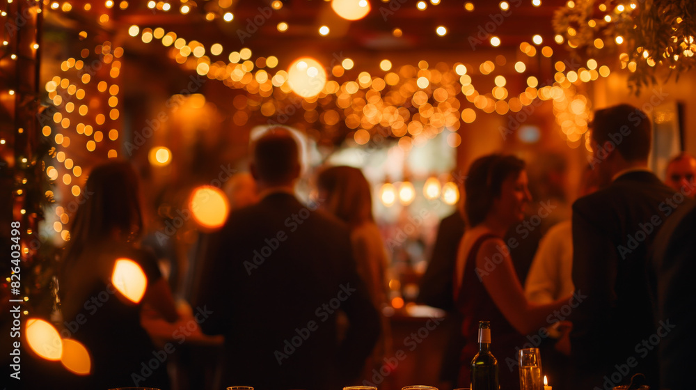A warmly lit, festive atmosphere of a holiday party captured with a blurred effect for a bokeh background A warmly lit, festive atmosphere of a holiday party captured with a blurred effect for a bokeh background