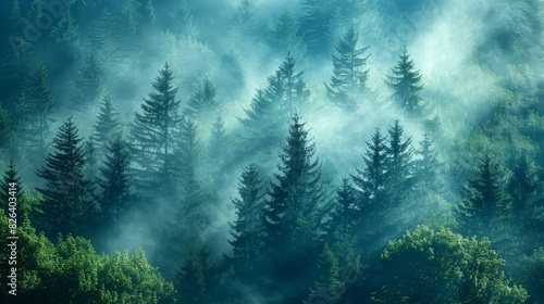 Misty mountain forest with evergreen trees, early morning light casting a serene glow, ideal for peaceful and tranquil nature scenes, isolated background for easy editing. photo