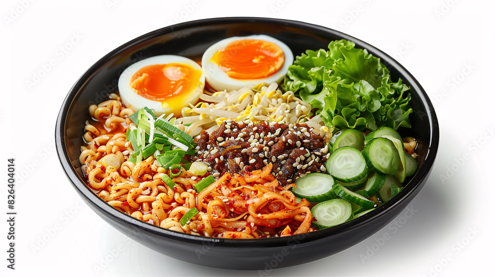 Bowl of spicy ramen noodles with egg and vegetables on a white background