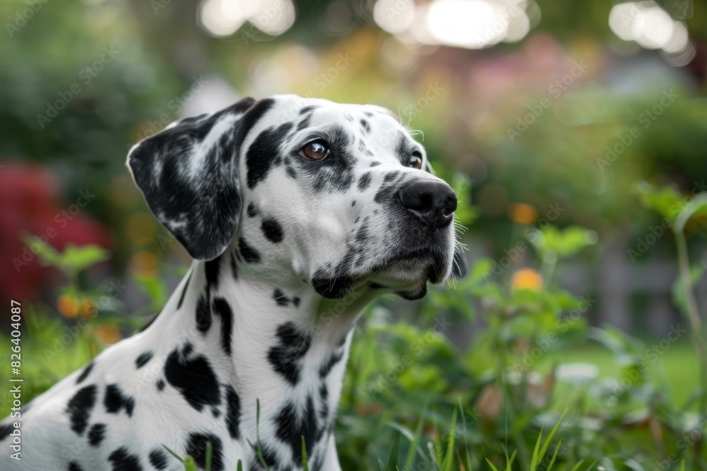 Closeup of a spotted dalmatian dog with a thoughtful expression in a lush green garden