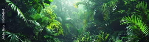 Tropical rainforest with diverse flora  exotic plants and trees  high humidity atmosphere  perfect for travel and adventure themes  isolated background for clear focus.