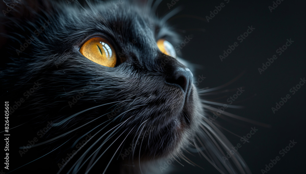 Mesmerizing close-up portrait of a stunning black cat with captivating yellow eyes against a dark backdrop. Representing mystery and elegance. Ideal for celebrating national black cat appreciation day Mesmerizing close-up portrait of a stunning black cat with captivating yellow eyes against a dark backdrop. Representing mystery and elegance. Ideal for celebrating national black cat appreciation day