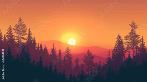 Sunset over a forested hill, warm hues lighting up the treetops, tranquil and serene atmosphere, perfect for evening nature scenes, isolated background for simplicity. #826405858
