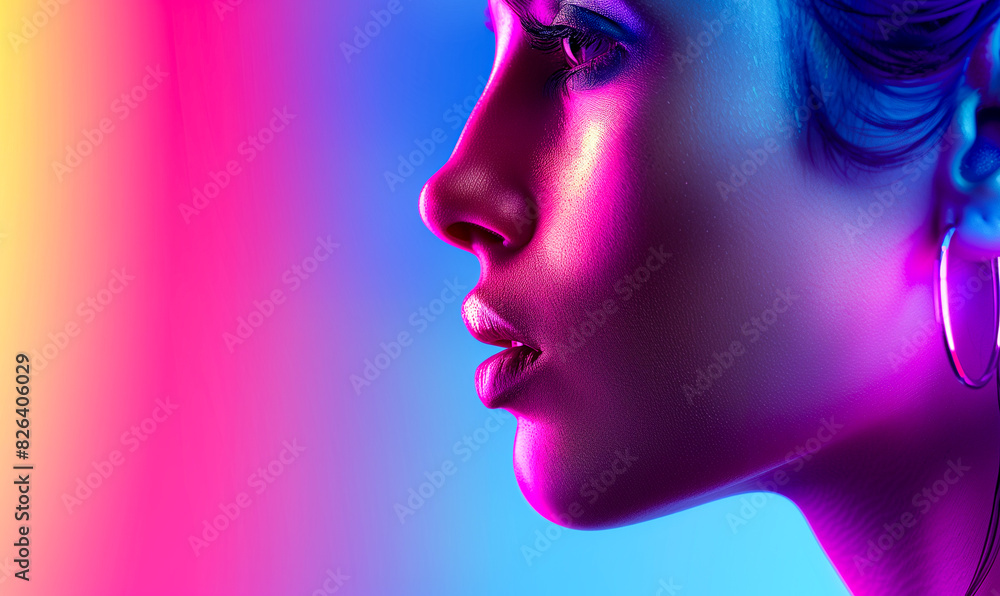 Stylish woman with a statement earring against the vibrant backdrop, AI-generated. Stylish woman with a statement earring against the vibrant backdrop, AI-generated.