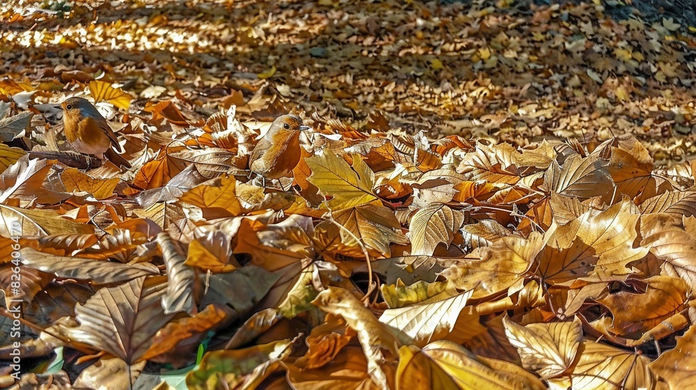   A bird perched on a fallen leaf amidst a scattering of foliage in the foreground of the photograph