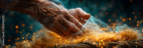 forager weaving a fishing net from plant fibers photographed using macro lens to showcase the intricate craftsmanship photo