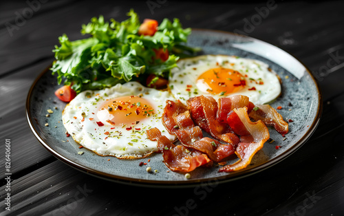 Fried chicken eggs and bacon beautifully presented. Perfect for promoting wholesome, healthy eating with essential vitamins and minerals. photo